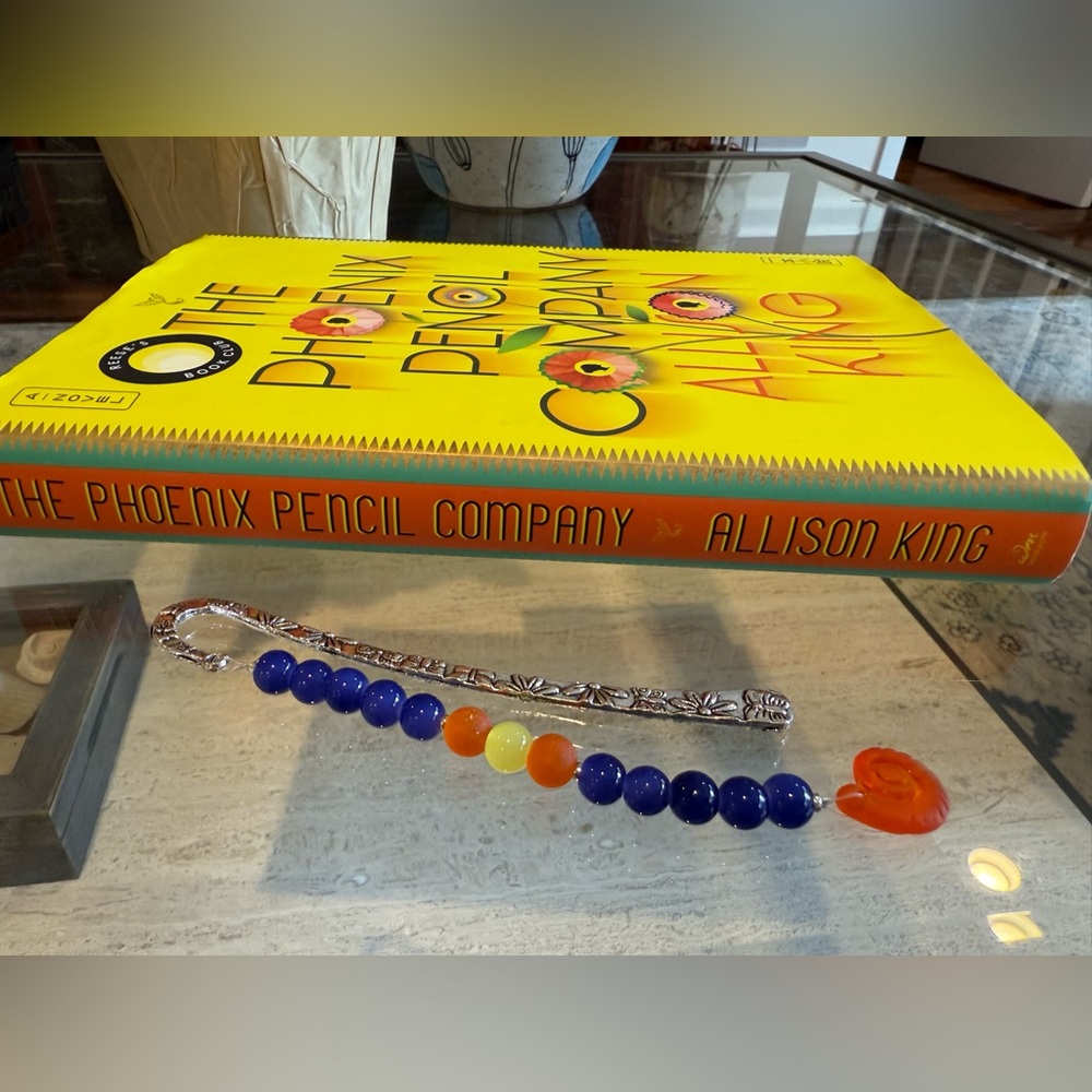 Hand Crafted Silver Bookmark with Blue, Orange and Yellow Austrian Crystal Beads